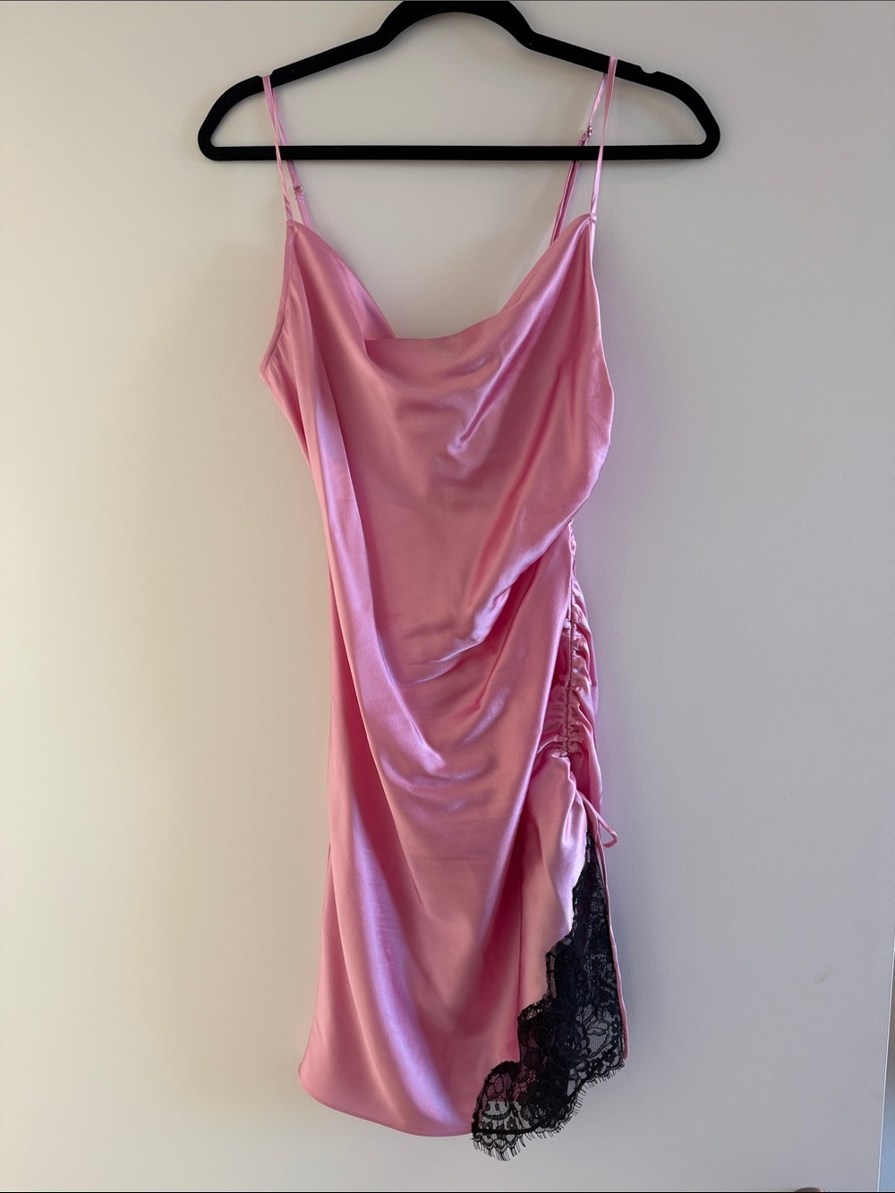 Fleur du Mal Pink Satin Slip Mini Dress with Black Lace Trim - Picture 2 of 2